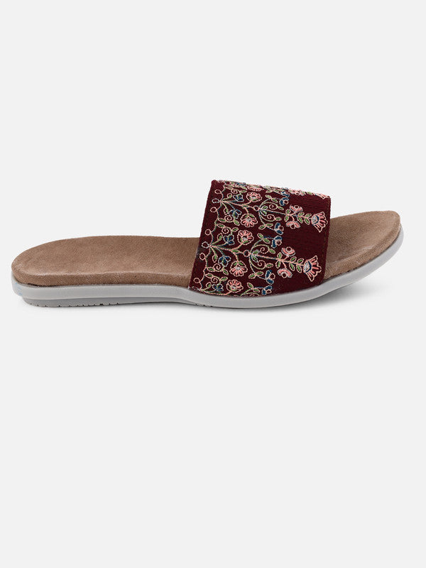 Women's Maroon Synthetic Embroidered Round Shape Flip Flops!!
