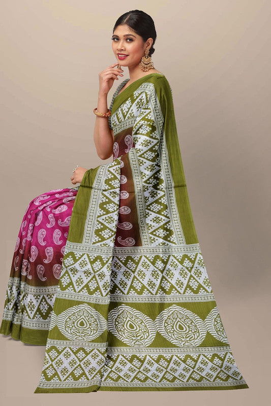 Pink & Multi Coloured Premium Mul Mul Cotton Beautiful Hand Block printed Women Daily/Party wear Saree with Blouse!!