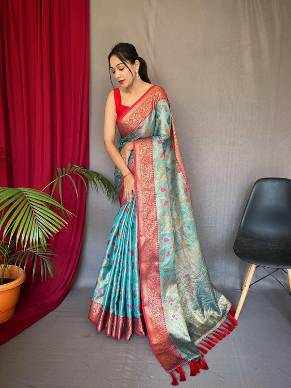 Aqua Blue & Multi Coloured Beautiful Meena Work with Elegant Jaal Women Party wear Pure Tissue Silk Saree with Blouse!!