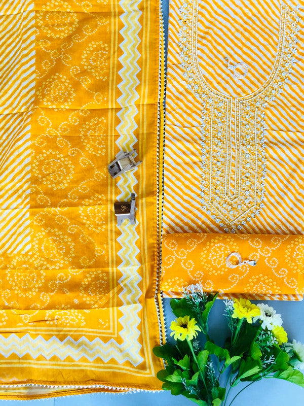 Mustard Yellow & White Coloured Cotton Unstitched Hand Block Printed Women Party/Daily wear Dress Material Suit- Top with Bottom & Cotton Dupatta!!