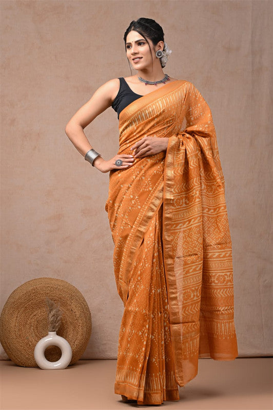 Mustard Yellow & Off White Coloured Hand Block Printed Women Designer Party wear Maheshwari Cotton Silk Saree with Runnin Blouse!!