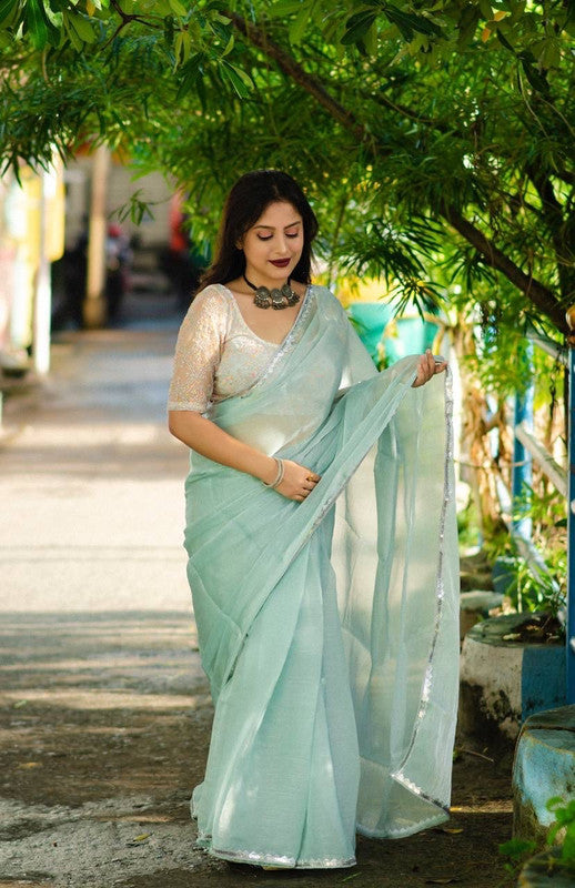 Light Blue Coloured soft organza with woven wrinkle (crush style) Women Designer Party wear Fancy Saree with Soft Net Blouse!!