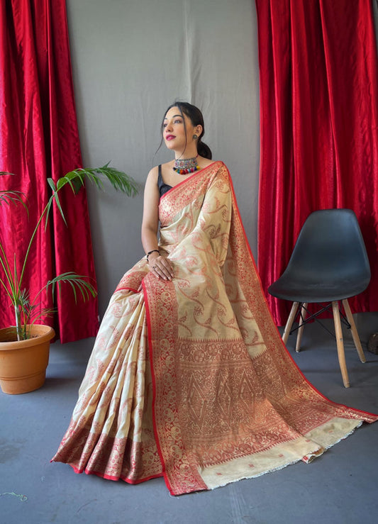 PURE COTTON LINEN SAREE WITH  COPPER AND ROSE  GOLD ZARI