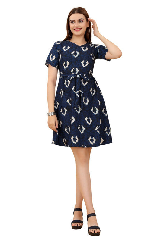 Navy Blue & Multi Coloured Premium Crepe Printed Short Sleeves Round Neck Women Daily wear Western Dress!!