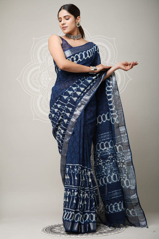 Blue & Multi Coloured Linen Cotton Beautiful Hand Block printed Women Daily/Party wear Saree with Blouse!!