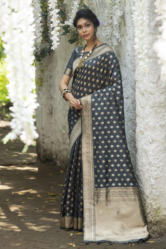 Dark Grey Coloured Soft Banarasi Katan Silk with Pure Zari Weaves fancy tassels Women Designer Party wear Saree with Blouse!!