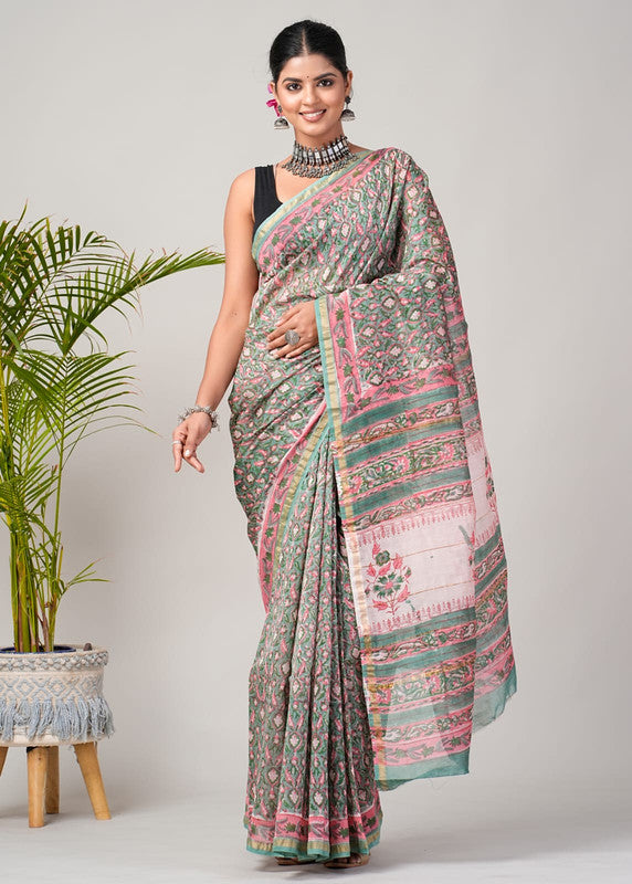 Green & Multi Coloured Hand Block Printed Women Designer Party wear Chanderi Cotton Silk Saree with Runnin Blouse!!