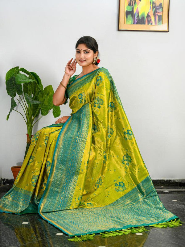 Yellow Green Saree in Kora Muslin Kalamkari Silk - Clothsvil