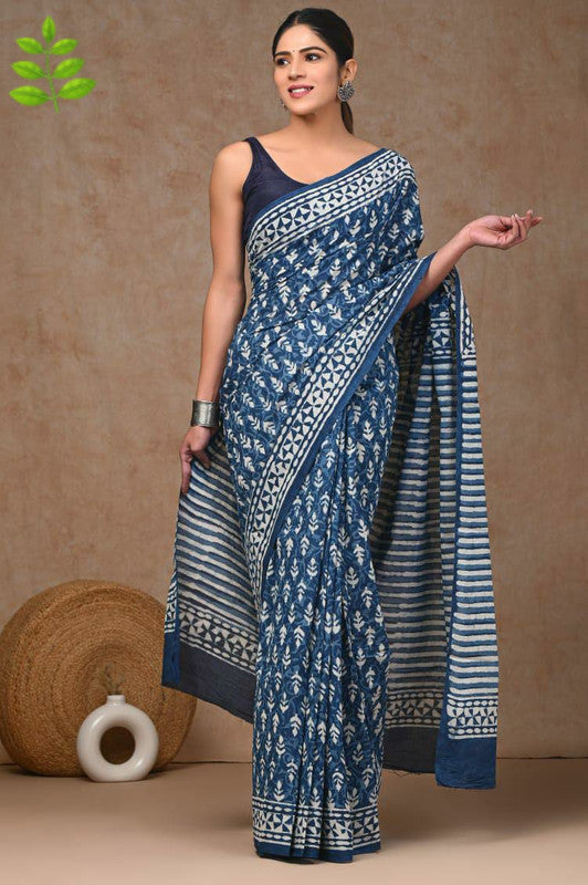 Blue & White Coloured Pure Cotton Beautiful Hand Block printed Women Daily/Party wear Saree with Blouse!!