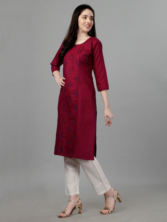 Maroon Coloured Pure Cotton with Embroidery work Round Neck 3/4 Sleeves Women Designer Party/Daily wear Kurti!!