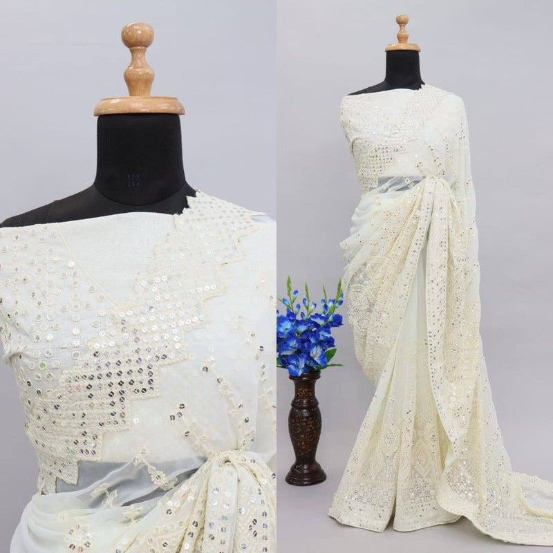 Off White Coloured Georgette Silk with Lucknowi Thread Chikankari & Sequence work Women Designer Party wear Fancy Georgette Silk Saree with Blouse!!