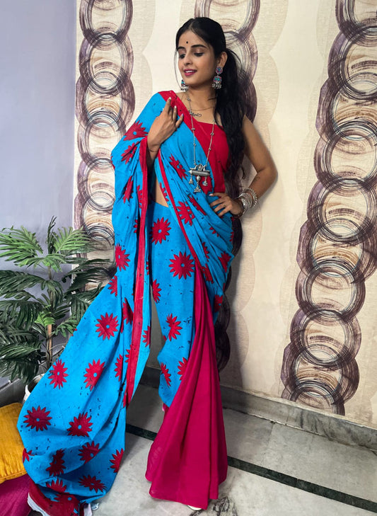 Sky Blue & Pink Coloured Premium Mul Mul Cotton Beautiful Hand Block printed Women Daily/Party wear Saree with Blouse!!