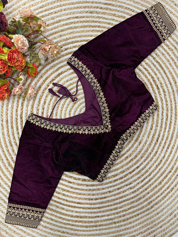 Wine Coloured Premium Pure Velvet Heavy Embroidery & Handwork Woman Ready made Designer Bridal Blouse- Free Size Up to 38 Inch!!