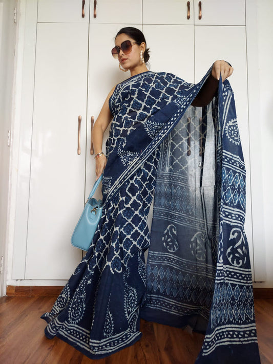 Hand Block Bagru Printed Soft Malmal Cotton Saree