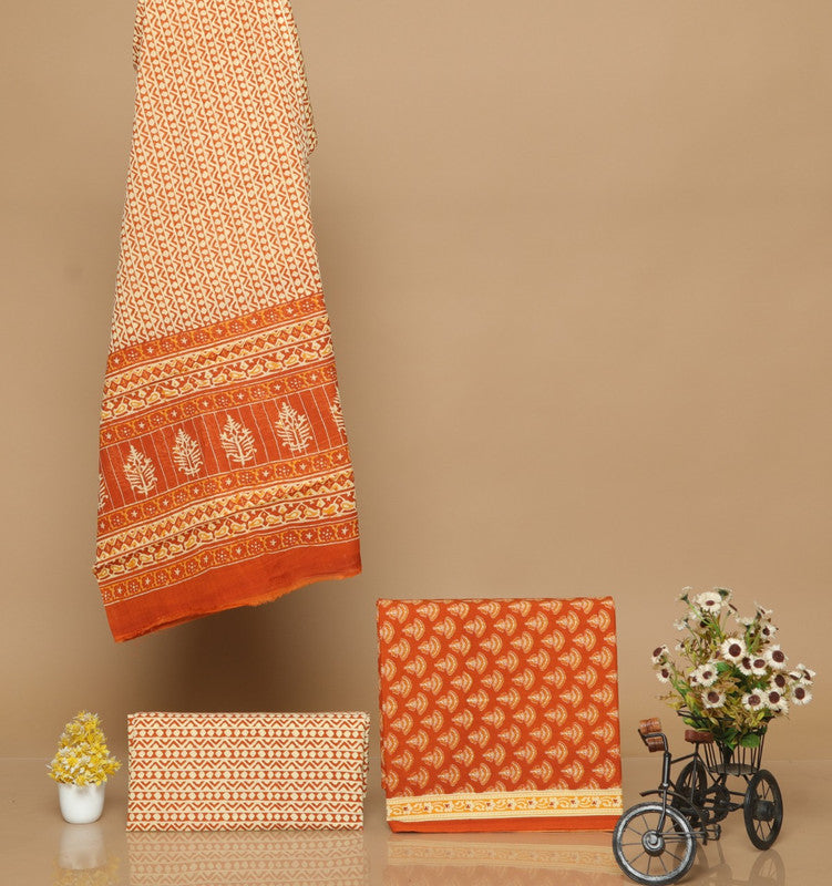 Orange Cotton Hand Printed Dress Material with Salwar & Cotton Dupatta!!