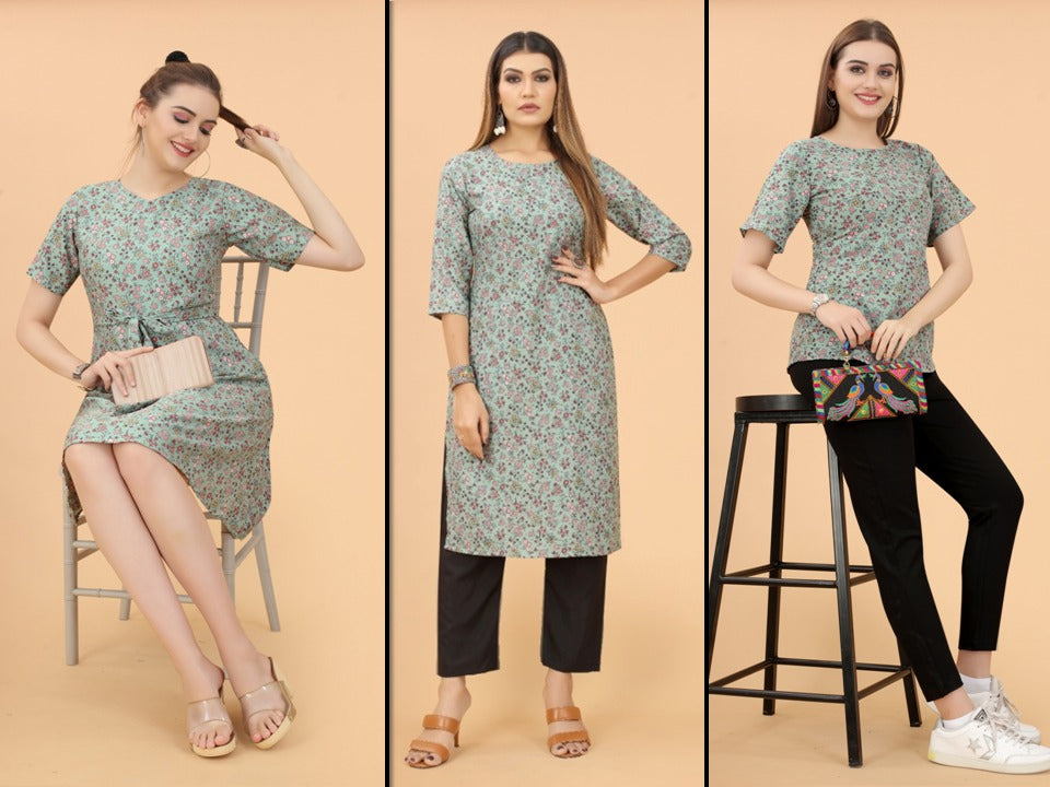 Light Green & Multi Coloured Premium Crepe Printed Women Daily wear Kurti, Western Top & Western Dress Combo ( 3 Pcs )!!