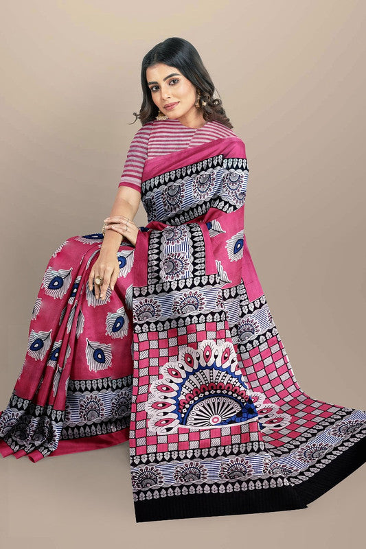 Pink & Multi Coloured Premium Mul Mul Cotton Beautiful Hand Block printed Women Daily/Party wear Saree with Blouse!!