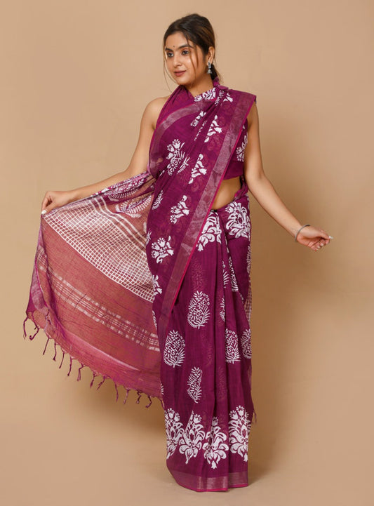 LINEN COTTON HAND BLOCK PRINT SAREE WITH BLOUSE!!