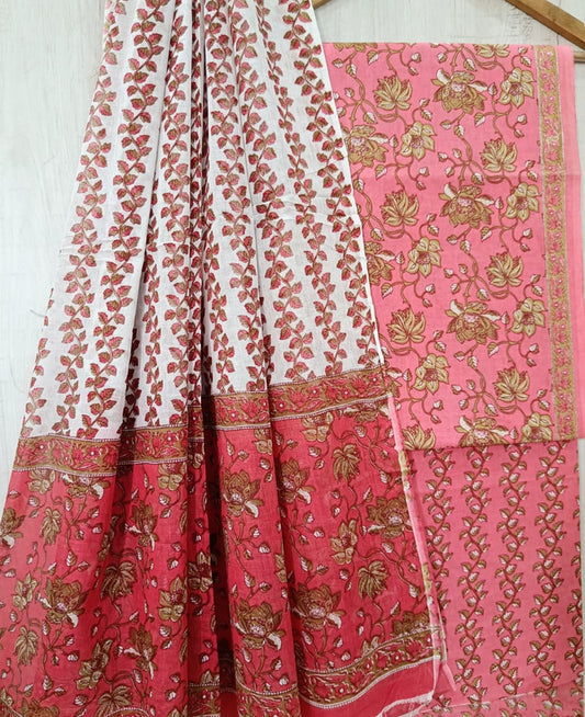 Pink & Red Coloured Unstitched Pure Cotton Hand Block Printed Women Party/Daily wear Dress Material Suit- Top with Bottom & Cotton Dupatta!!