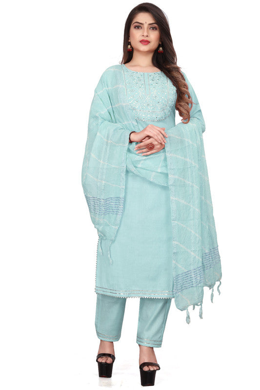 Sky Blue Coloured Pure Cotton with Embroidery work Round Neck 3/4 Sleeves Women Fully Stitched Designer Party/Daily wear Kurti with Pant & Chanderi Dupatta!!