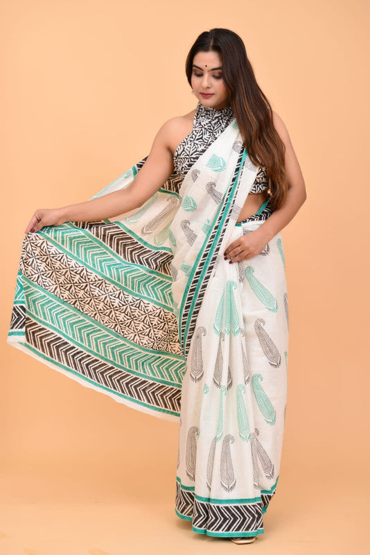 White & Multi Coloured Pure Cotton with Beautiful Hand Block Printed Women Party/Daily wear Designer Cotton Saree with Blouse!!