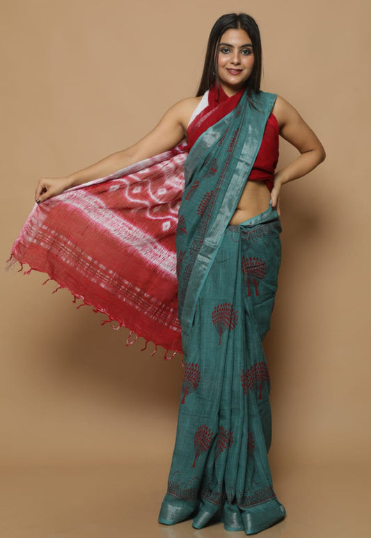 LINEN COTTON HAND BLOCK PRINT SAREE