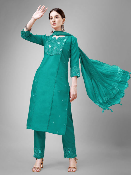 Teal Coloured With Embroidery & Fancy Lace Work Women Designer Party/Casual wear Cotton Kurti with Pant & Dupatta!!