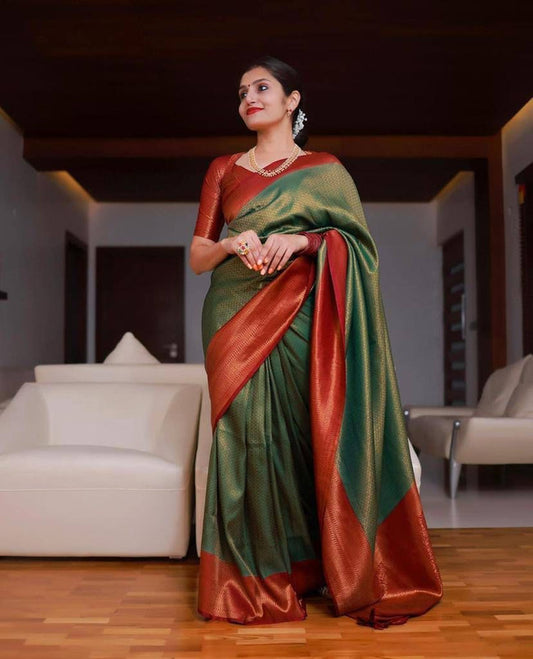Green & Maroon Coloured Soft Lichi Silk Jaqucard work Women Party wear Saree with Blouse!!