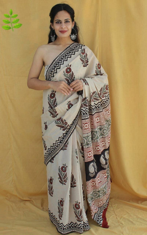 Beige & Multi Coloured Pure Cotton Beautiful Hand Block printed Women Daily/Party wear Saree with Blouse!!