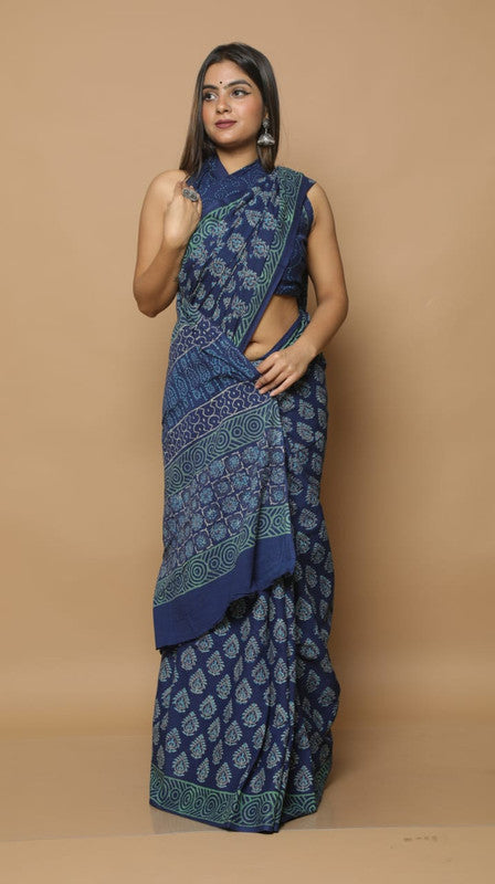 Blue & Light Green Coloured Beautiful Hand Block printed Women Daily/Party wear Pure Cotton Saree with Blouse!!