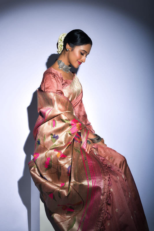 Peach Tussar silk Pure Paithani Silk Saree with pure zari woven broad border!!