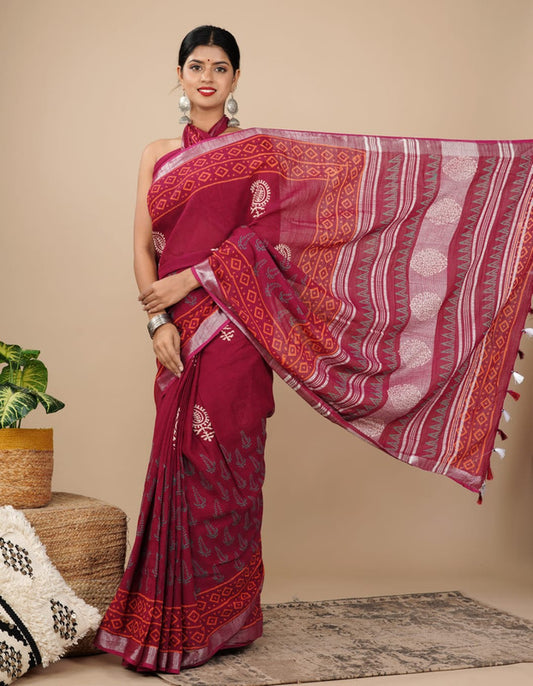 LINEN COTTON HAND PRINTED  SAREE WITH TAUSSAL