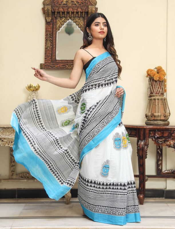 BEAUTIFUL HAND PRINTED MUL COTTON SAREE