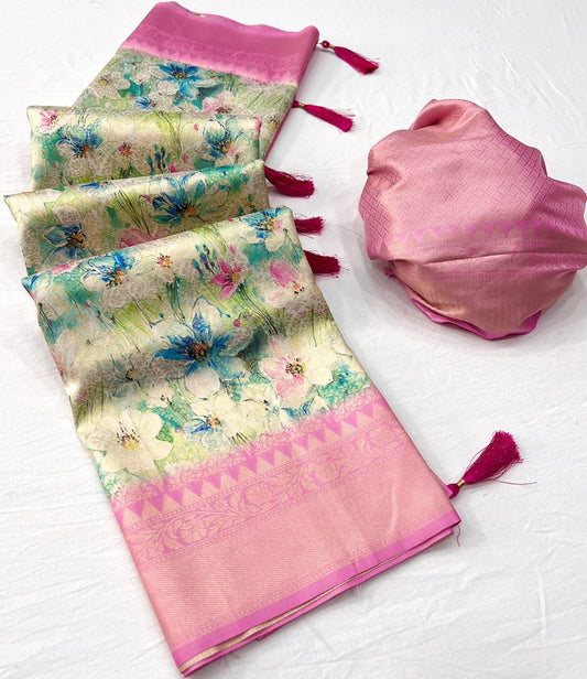 Pink & Multi Coloured Jacquard Handloom Silk with Fancy Latkan Women Party wear Saree with Fancy Blouse!!