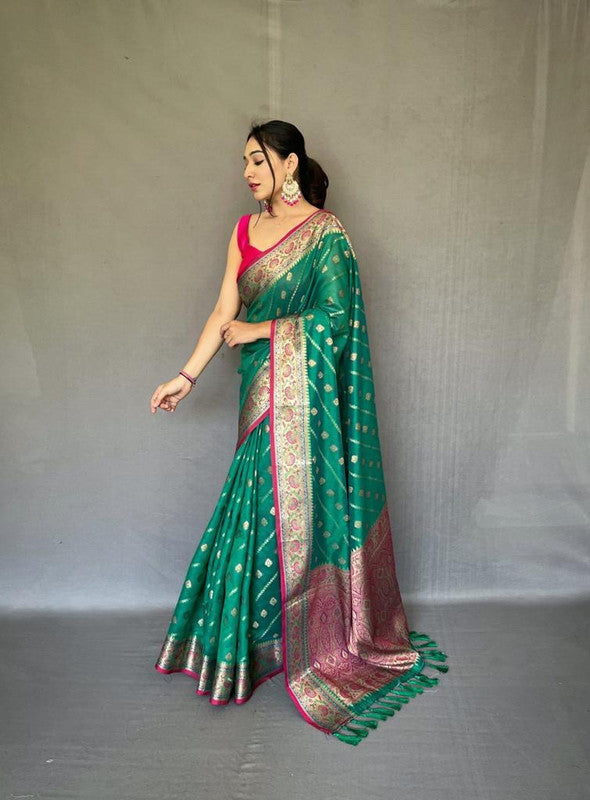 Green & Multi Coloured Gold Zari Weaving with Rich Pallu & Meenakari Border Women Party wear Pure Silk Saree with Blouse!!