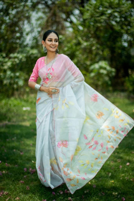 Light Grey & Pink Coloured Pure Soft Oranza Silk with stylish Print & Fancy Border Women Party wear Oranza Silk Saree with Blouse!!