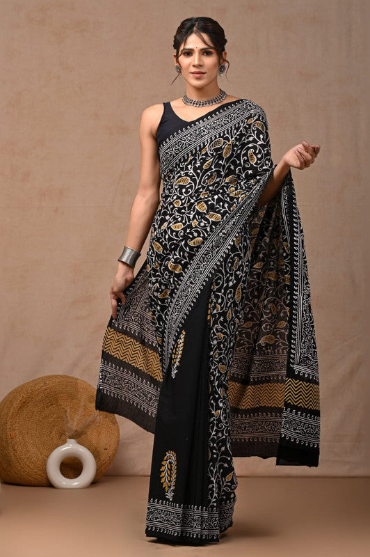 Black & White Coloured Hand Block Bagru, Dabu & Batik Dye Print Women Designer Party wear Pure Cotton Saree with Runnin Blouse!!