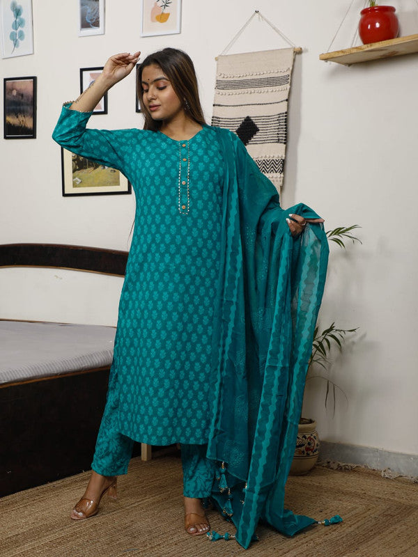 Rama Blue Coloured Pure Cotton with Print & Taussal Work Women Designer Party wear Fully Stitched Kurti with Salwar & Dupatta!!