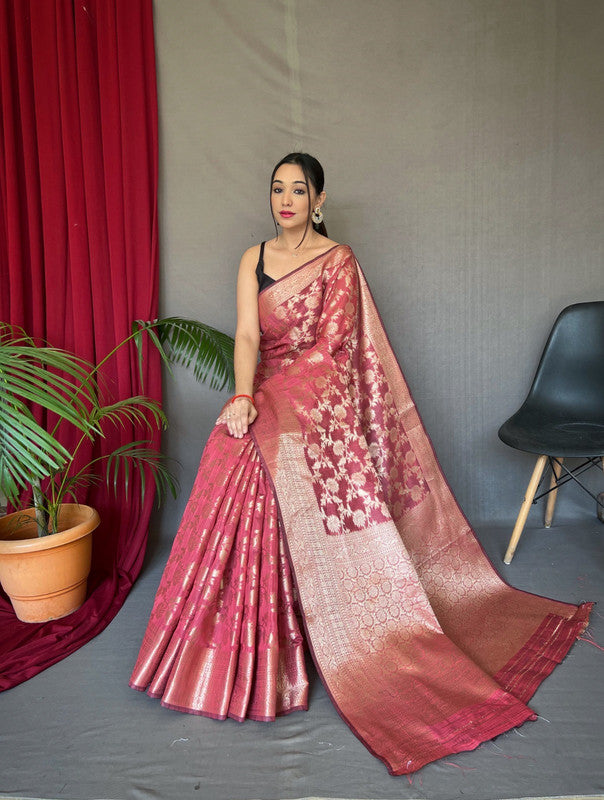 Pink Coloured Pure Linen Cotton with Copper Weaving Women Designer Party wear Linen Cotton Saree with Brocade Blouse!!