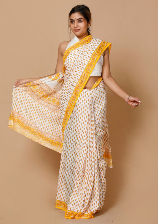 White & Yellow Beautiful Hand Block Printed Cotton Saree with Blouse!!