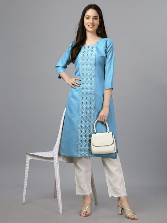 Blue Coloured Pure Cotton with Embroidery work Women Designer Daily wear Kurti!!