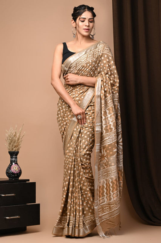 Latest Attractive Beautiful Designer Hand Block Print Linen Saree