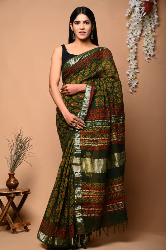 Dark Green & Multi Coloured Linen Cotton Beautiful Hand Block printed Women Daily/Party wear Saree with Blouse!!