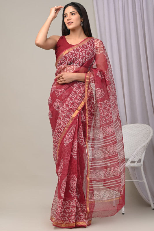 Maroon & Multi Coloured Kota Doriya Cotton Beautiful Hand Block printed Women Daily/Party wear Saree with Blouse!!