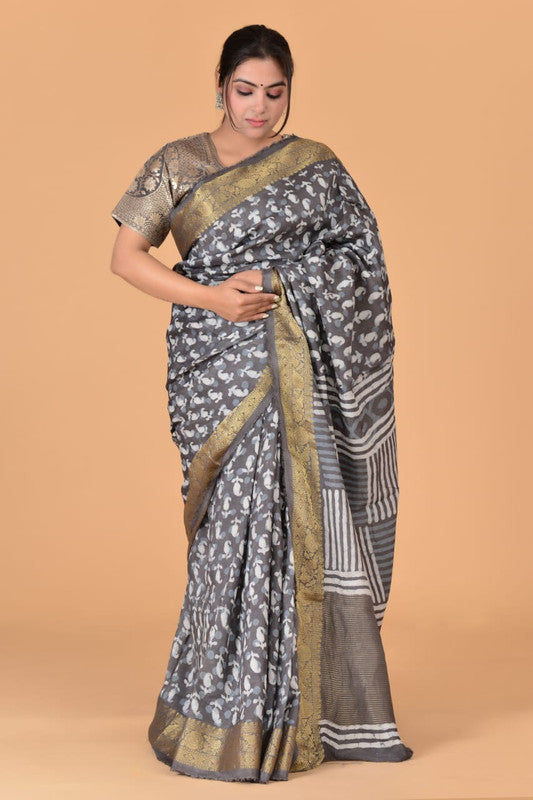 Dark Grey & Multi Coloured Hand Block Printed Silk border Chit Pallu Women Designer Party wear Cotton Silk Saree with Zari Blouse!!