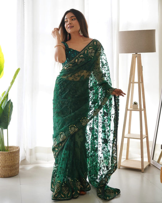 Rama Green Coloured Heavy Butterfly Net with Multi coloured Thread & Aari Embroidery Work Women Designer Party wear Fancy Net Saree with Blouse!!