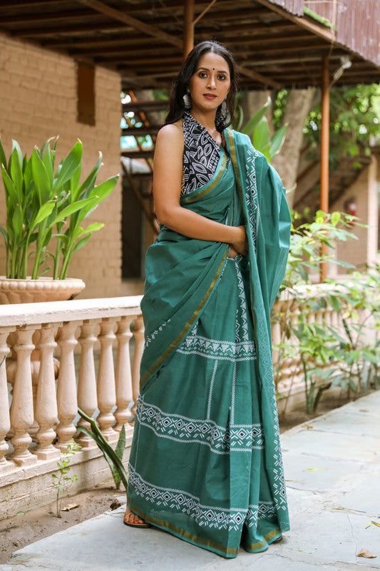 Green Coloured Cotton Jari Border Print Saree with Blouse!!