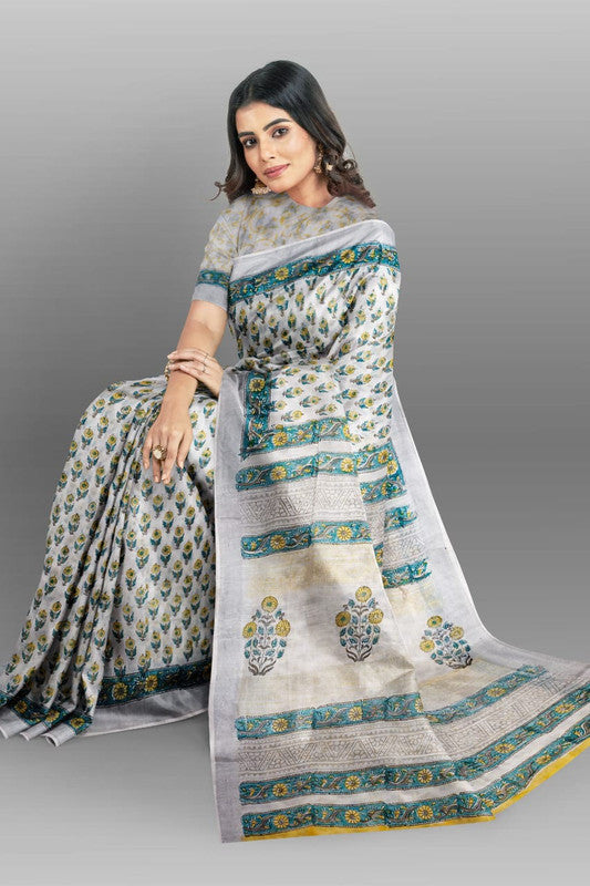 Grey & Multi Coloured Linen Cotton Beautiful Hand Block printed Women Daily/Party wear Saree with Blouse!!