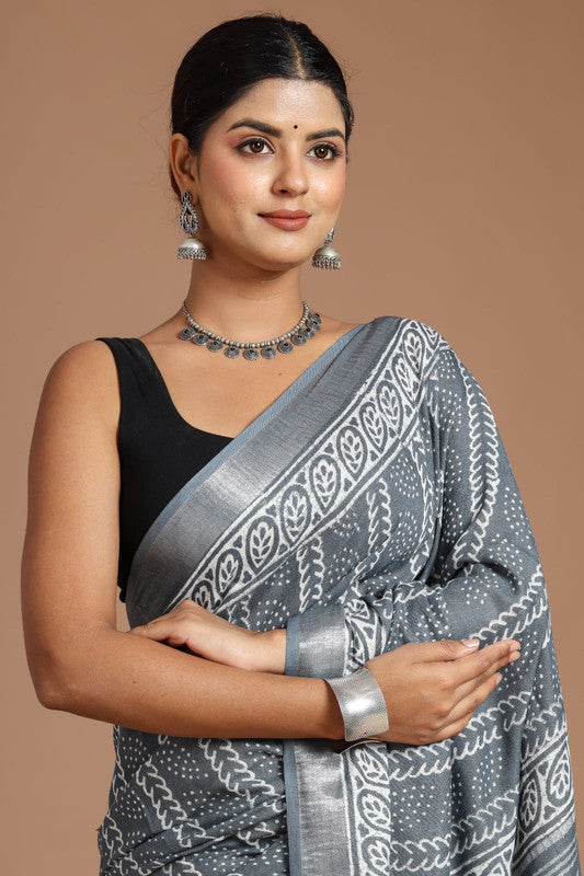 Grey & Multi Coloured Linen Cotton Beautiful Hand Block printed Women Daily/Party wear Saree with Blouse!!