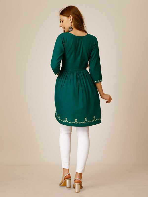 Rama Green Coloured Premium Rayon with Embroidery & Sequence Work Round Neck 3/4 Sleeves work Women Party/Daily wear Western Top!!